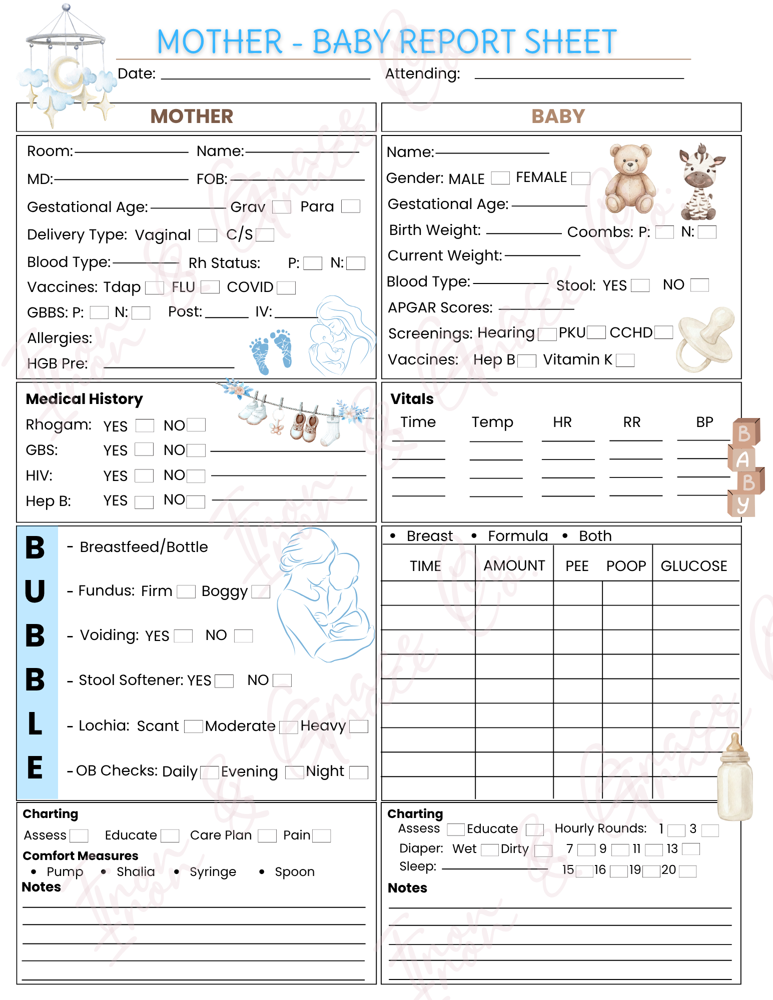 Mother/Baby Nursing Report Sheet | Digital Download | Set of 4