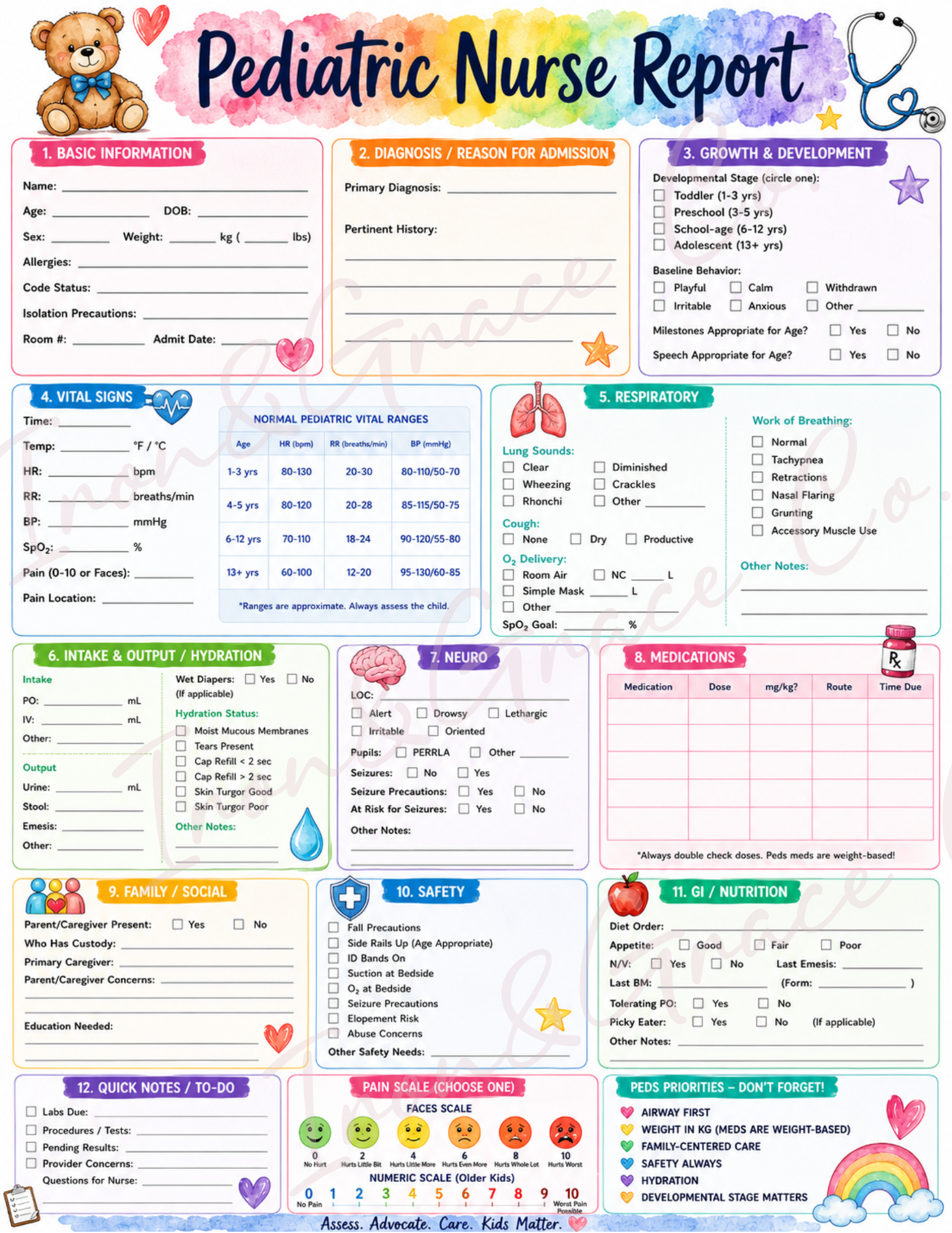 Pediatric Nurse Report Sheets | Set of 3 | Printable Nursing Brain Sheets PDF | Cute Pediatric Nursing Report Template Bundle