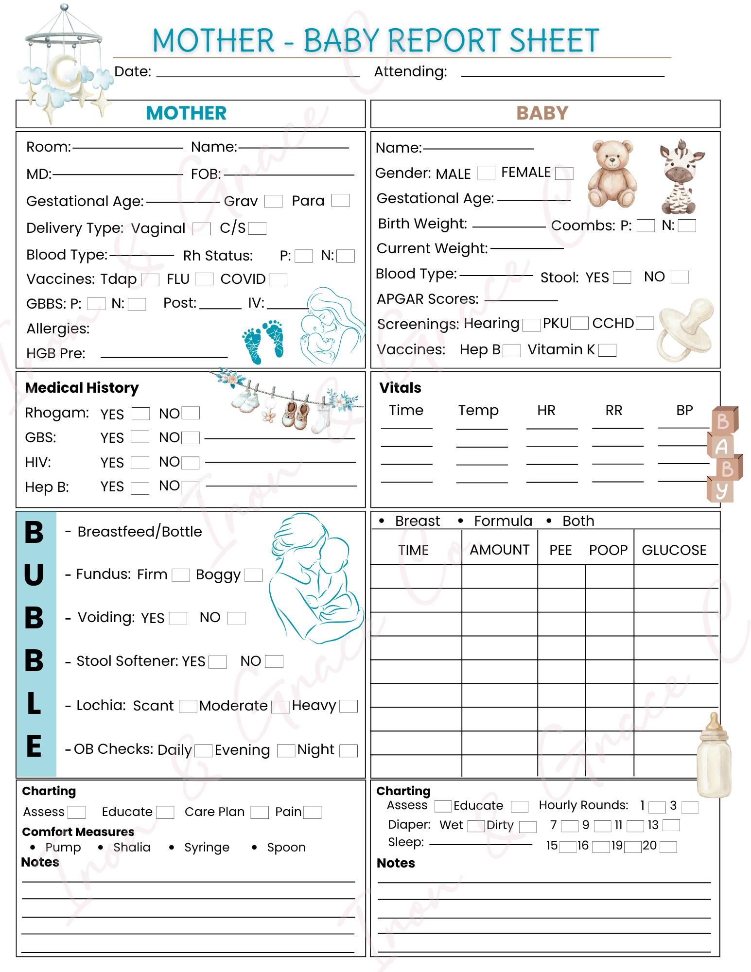 Mother/Baby Nursing Report Sheet | Digital Download | Set of 4
