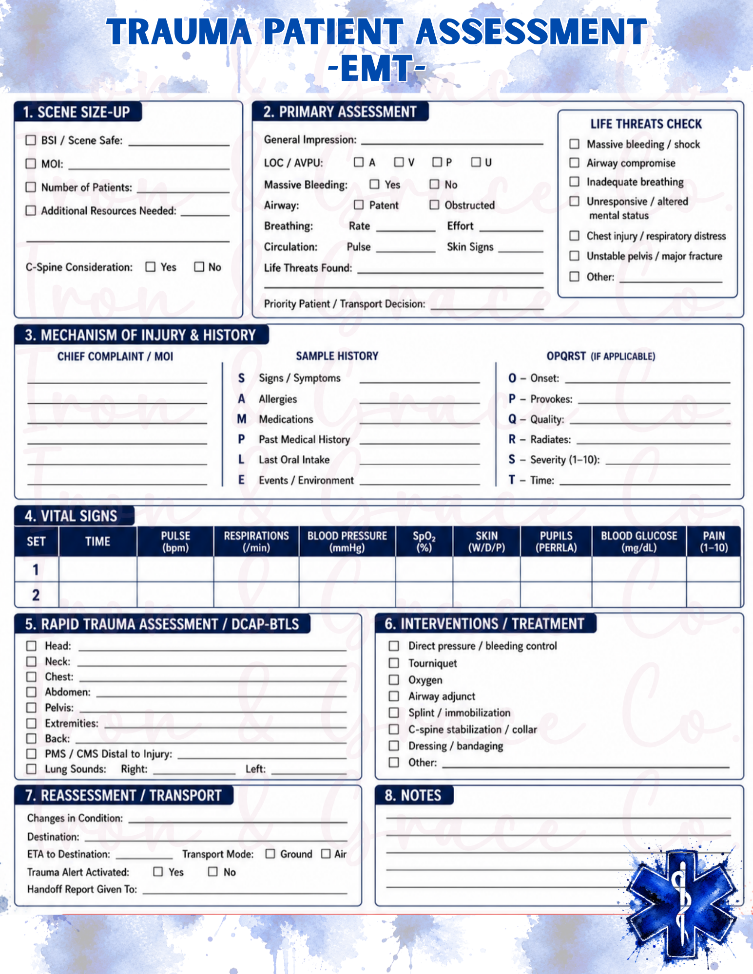 EMT Patient Assessment Printable | Medical & Trauma Assessment Sheets | Digital Download PDF