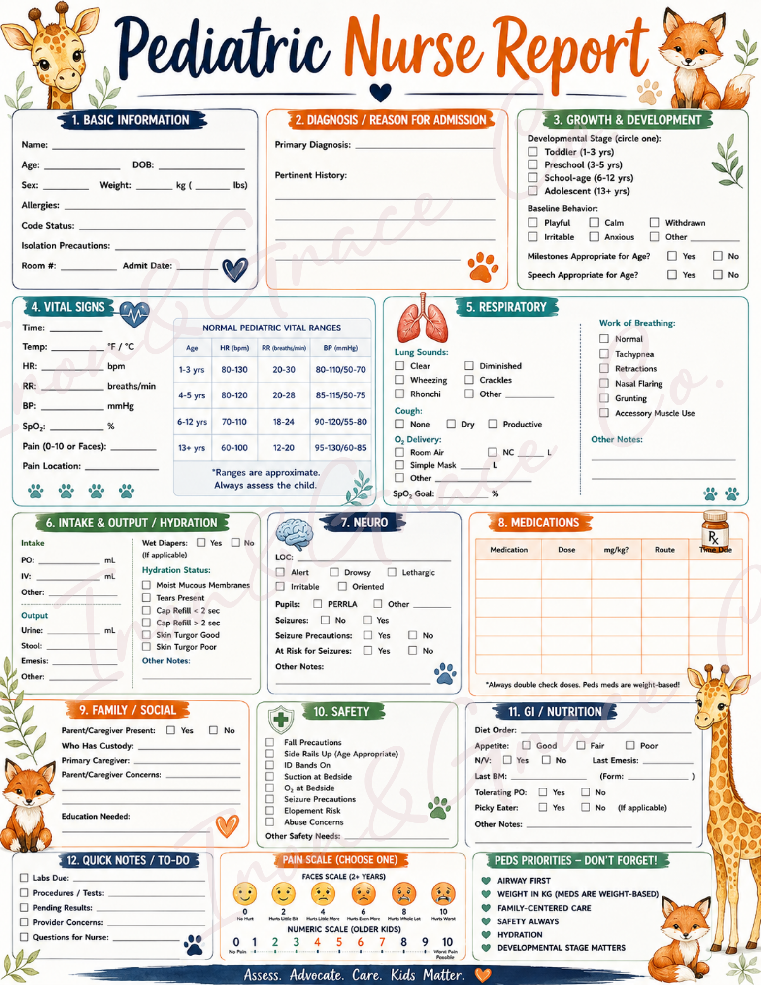 Pediatric Nurse Report Sheets | Set of 3 | Printable Nursing Brain Sheets PDF | Cute Pediatric Nursing Report Template Bundle