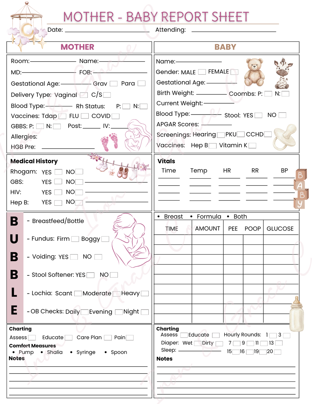 Mother/Baby Nursing Report Sheet | Digital Download | Set of 4
