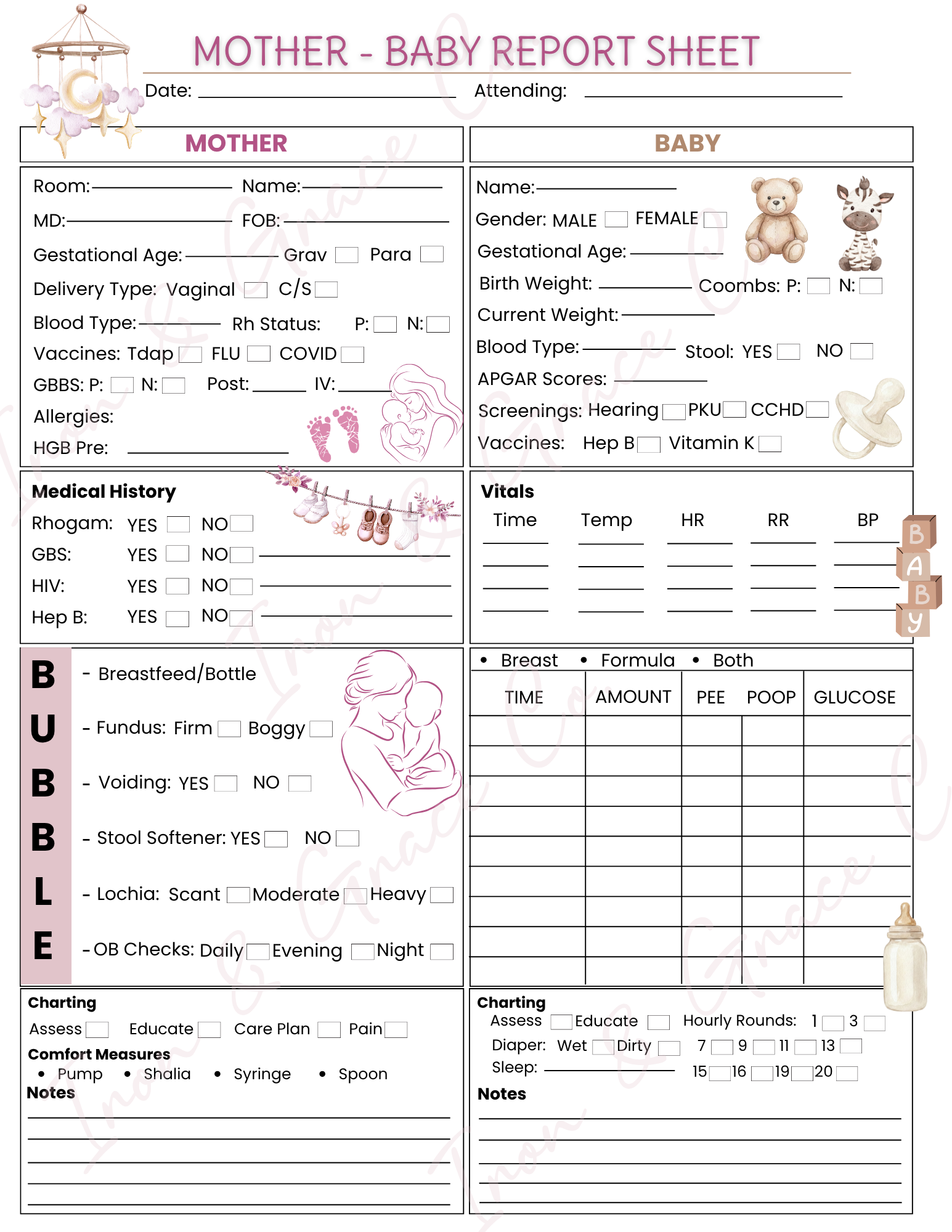 Mother/Baby Nursing Report Sheet | Digital Download | Set of 4