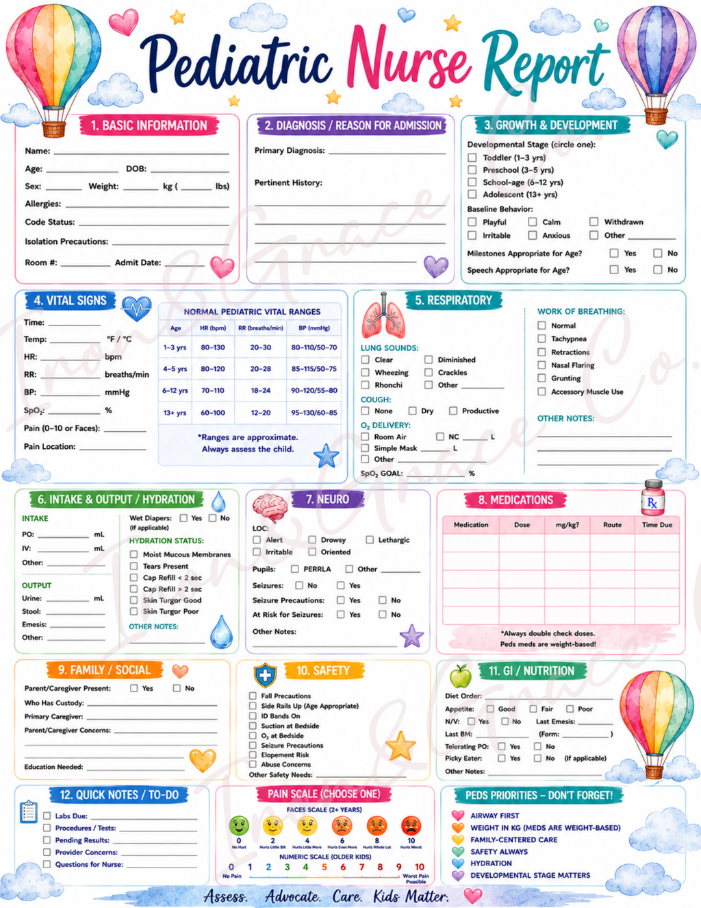Pediatric Nurse Report Sheets | Set of 3 | Printable Nursing Brain Sheets PDF | Cute Pediatric Nursing Report Template Bundle