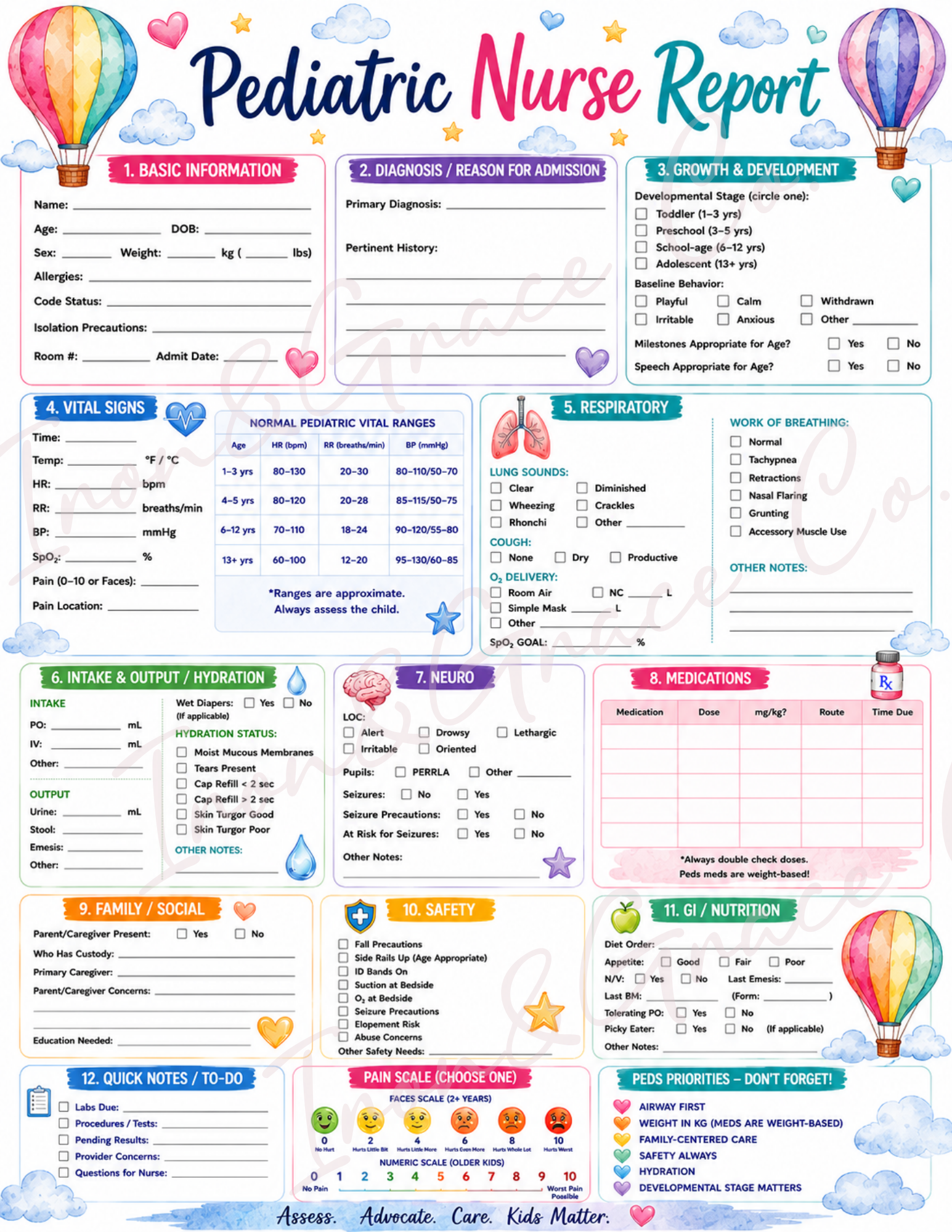 Pediatric Nurse Report Sheets | Set of 3 | Printable Nursing Brain Sheets PDF | Cute Pediatric Nursing Report Template Bundle