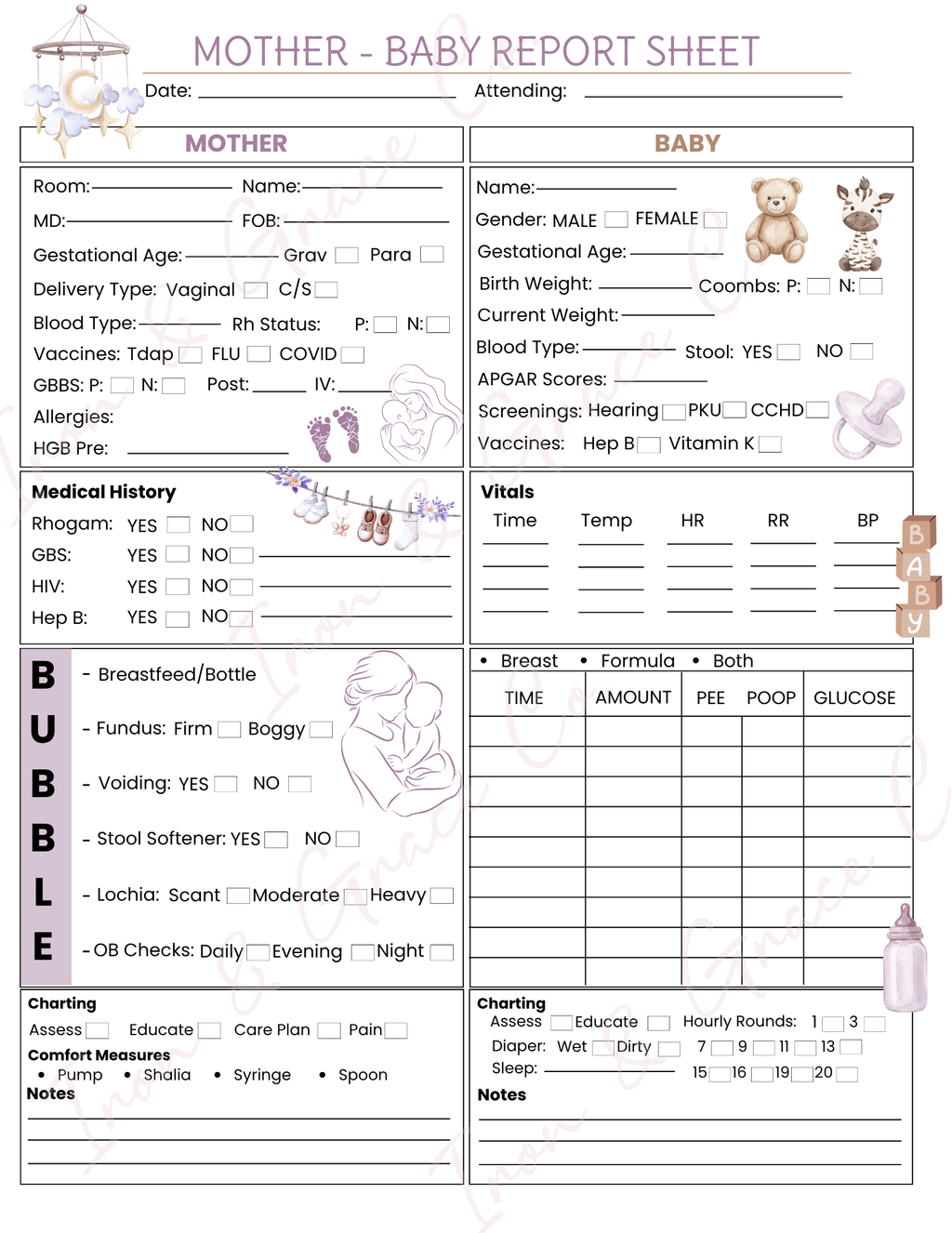 Mother/Baby Nursing Report Sheet | Digital Download | Set of 4