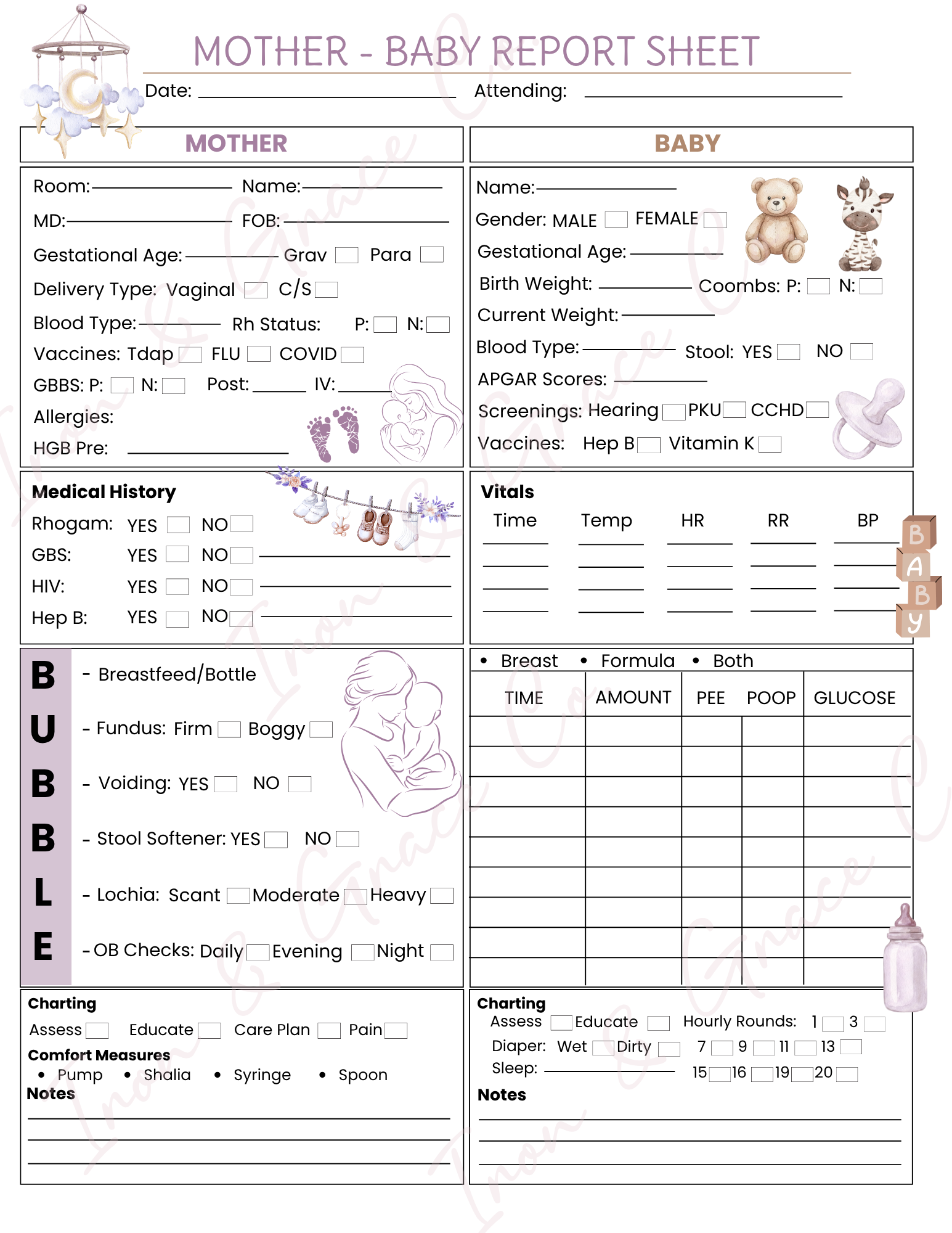 Mother/Baby Nursing Report Sheet | Digital Download | Set of 4