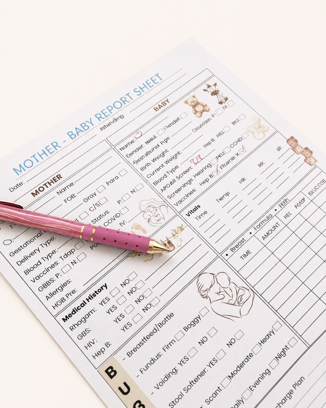 Mother/Baby Nursing Report Sheet | Digital Download | Set of 4