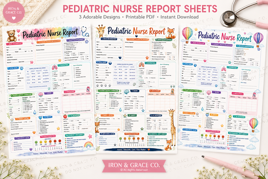 Pediatric Nurse Report Sheets | Set of 3 | Printable Nursing Brain Sheets PDF | Cute Pediatric Nursing Report Template Bundle