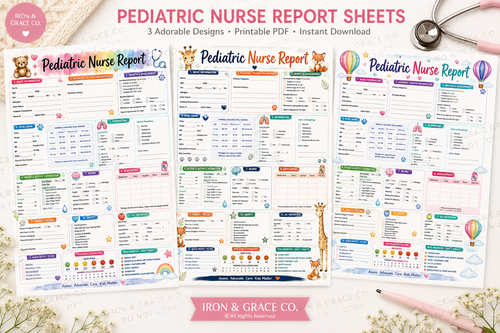 Pediatric Nurse Report Sheets | Set of 3 | Printable Nursing Brain Sheets PDF | Cute Pediatric Nursing Report Template Bundle