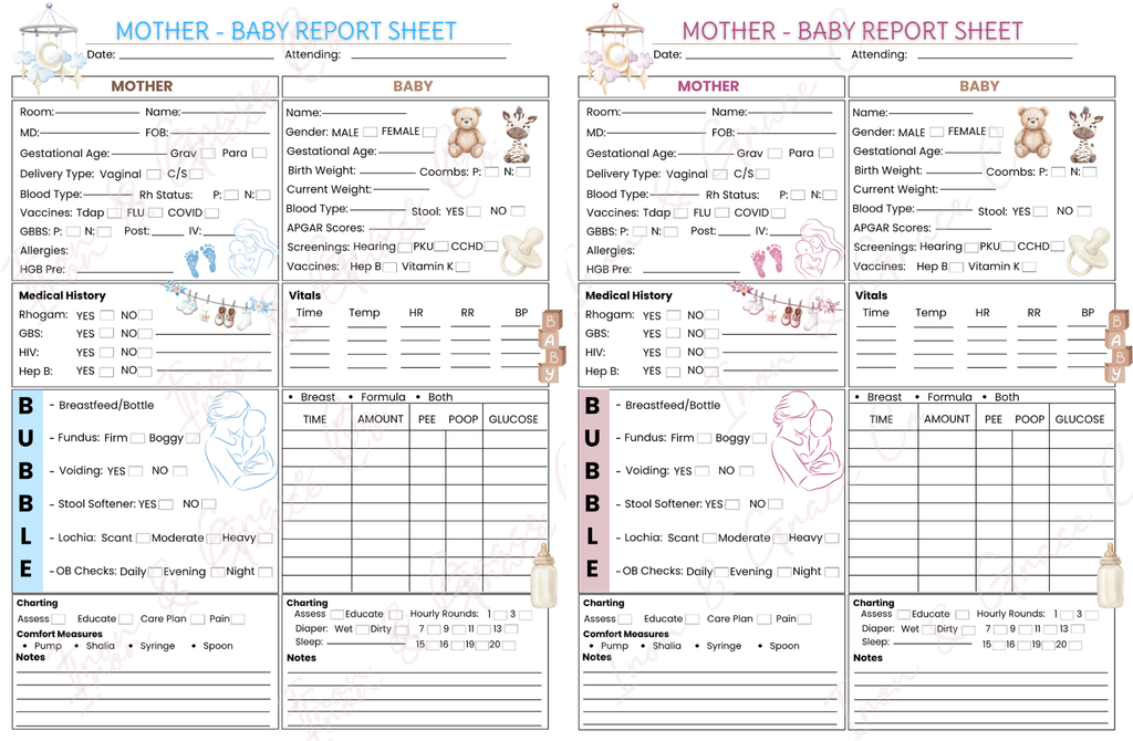 Mother/Baby Nursing Report Sheet | Digital Download | Set of 4