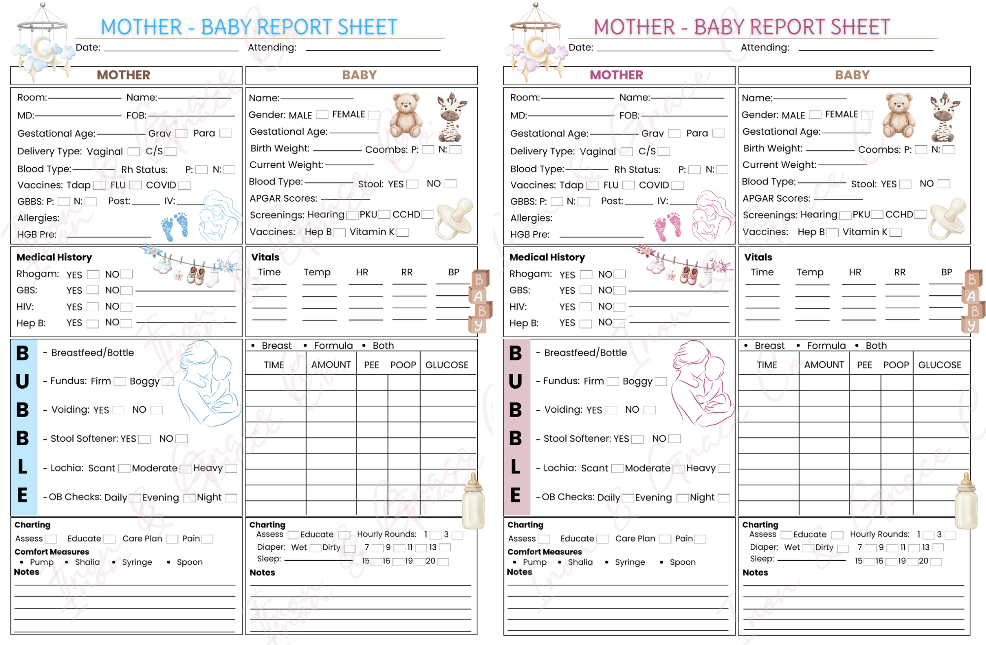 Mother/Baby Nursing Report Sheet | Digital Download | Set of 4