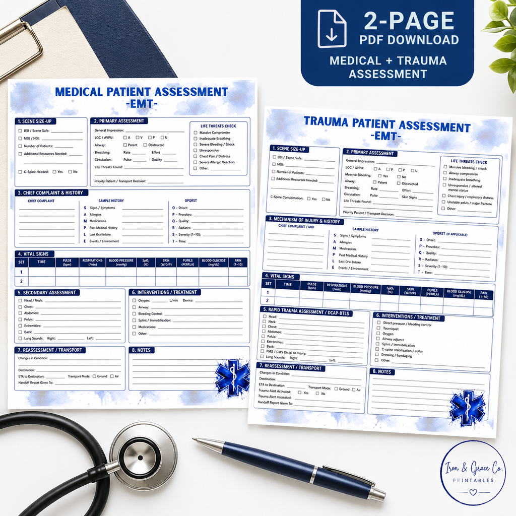 EMT Patient Assessment Printable | Medical & Trauma Assessment Sheets | Digital Download PDF