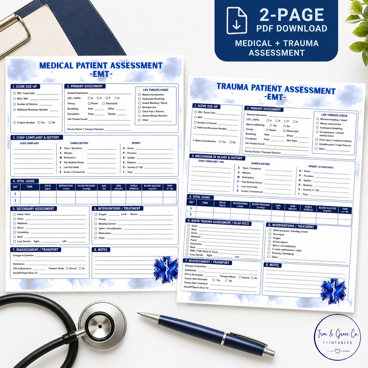 EMT Patient Assessment Printable | Medical & Trauma Assessment Sheets | Digital Download PDF